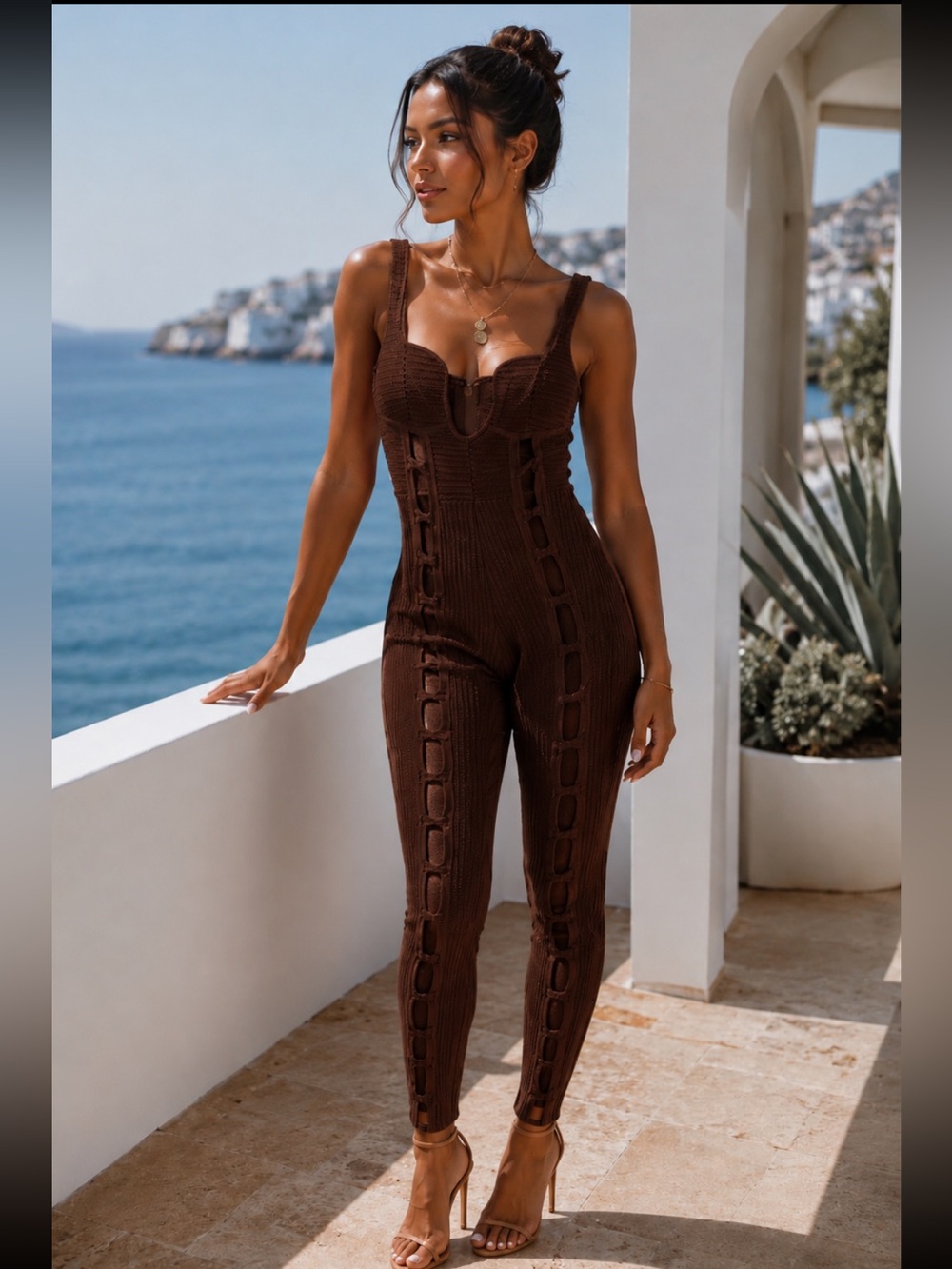 Fashion Nova Chocolate Brown Ribbed Cutout Sleeveless Jumpsuit❤️M